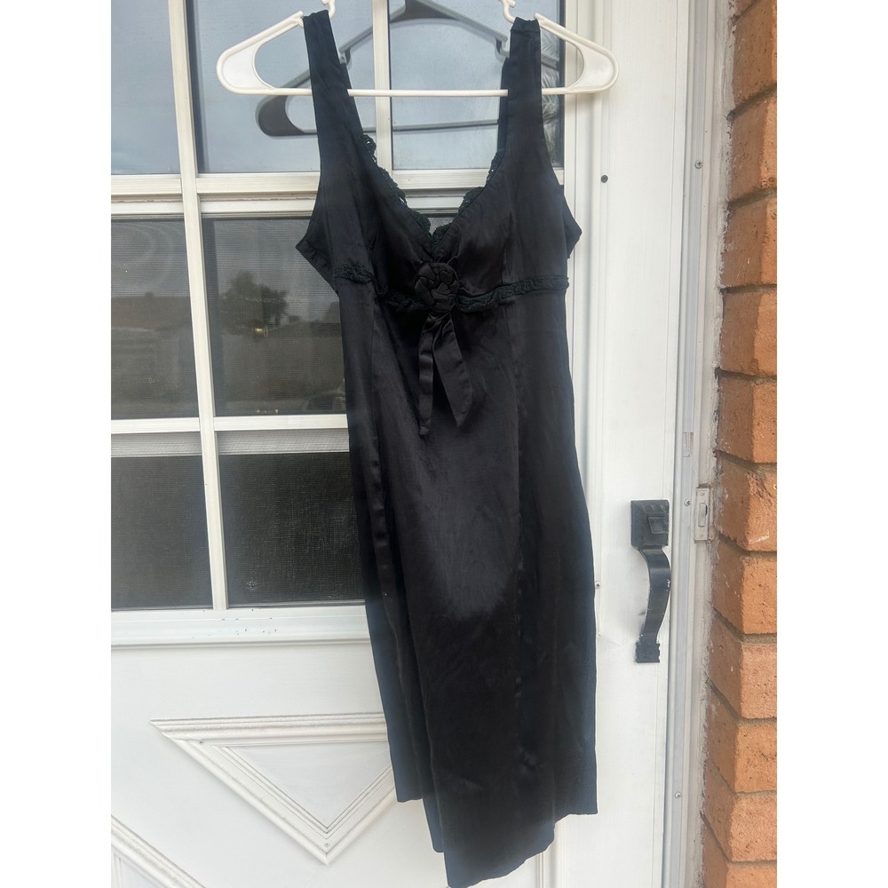 Vintage Bebe Black Satin Lace‎ Trim Rosette Empire Waist Mini Dress Y2K Coquette - Picture 15 of 15